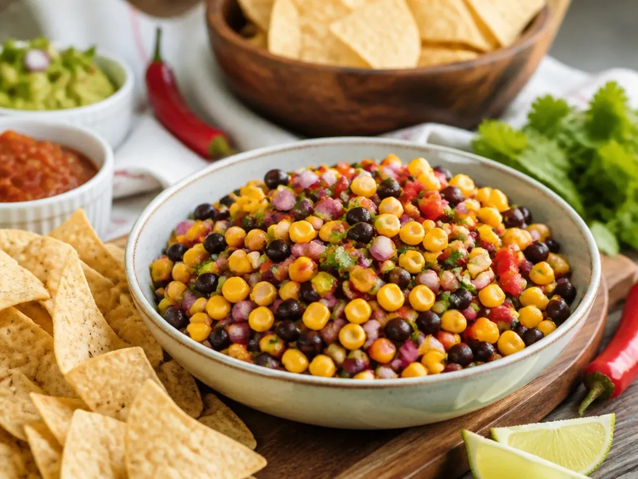 Tacos topped with chipotle corn salsa alongside a small serving bowl of extra salsa and lime wedges.