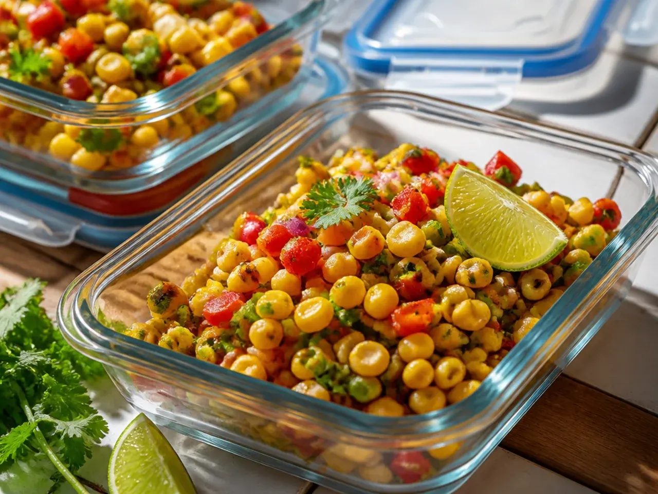 Glass airtight container of chipotle corn salsa leftovers stored in the refrigerator.