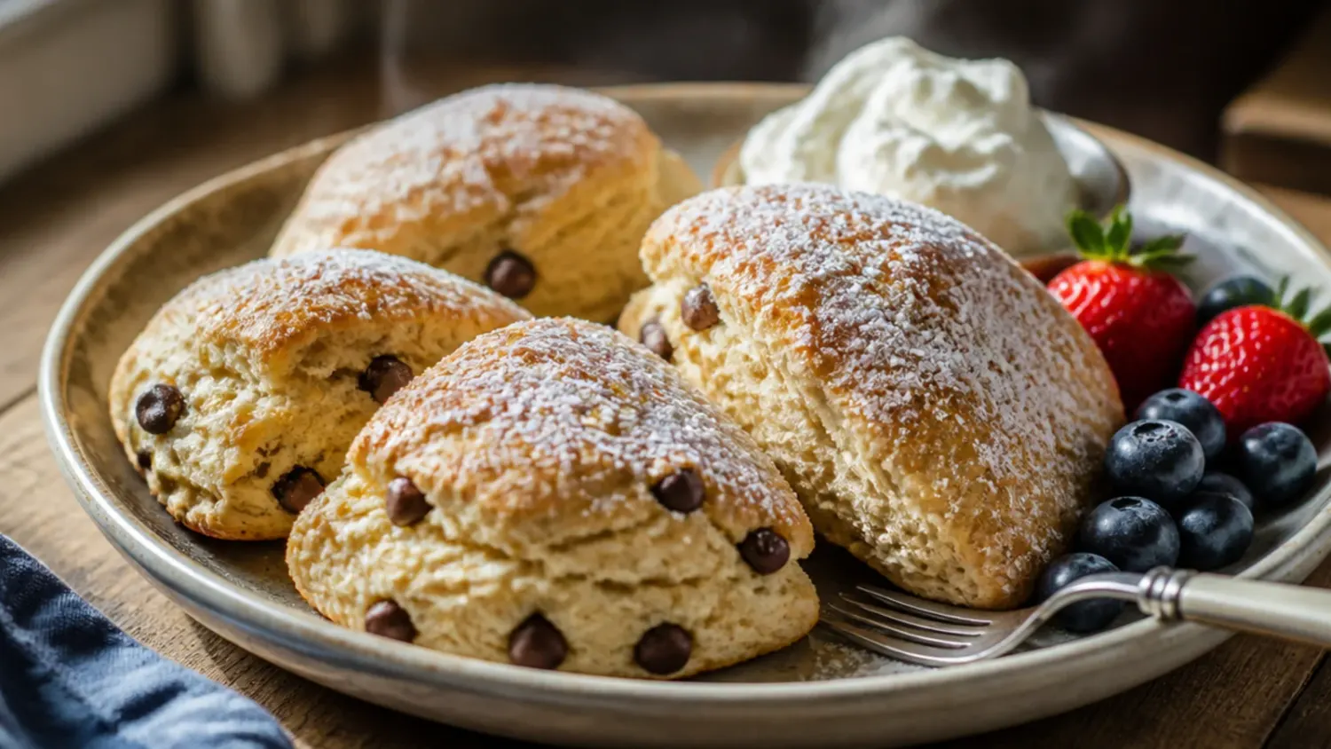 A plate of golden chocolate chip scones split in half with melted chocolate chips, served with clotted cream and a pot of tea