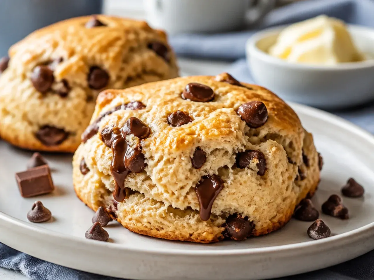 Overhead shot of freshly baked chocolate chip scones cooling on a wire rack