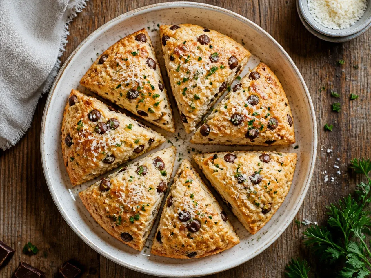 Classic wedge-shaped chocolate chip scones fresh from the oven on a baking tray