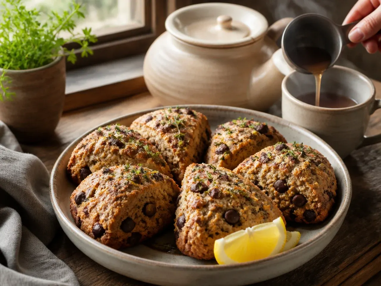 Cinnamon-dusted chocolate chip scones stacked on a rustic wooden board