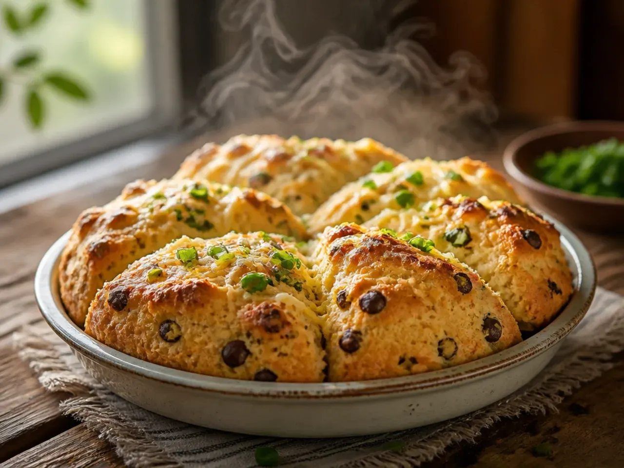 White chocolate chip scones split open showing melted white chocolate pockets