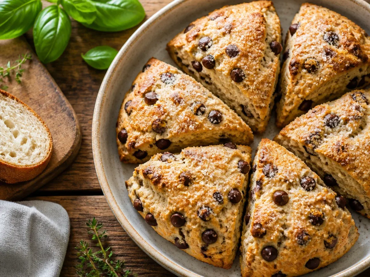A short ingredient list of flour, cream, and chocolate chips laid out on a counter