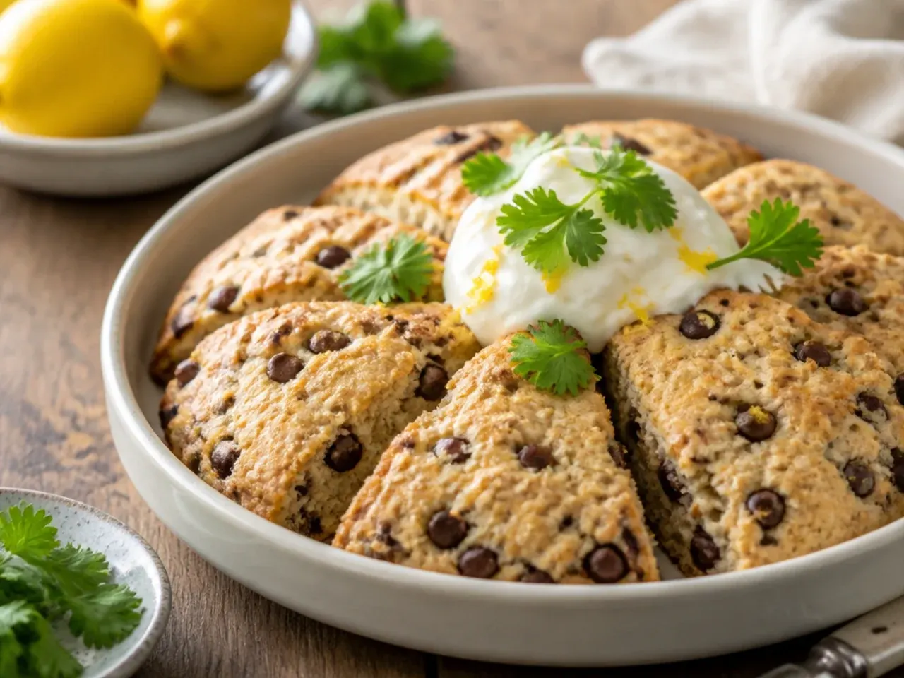 Lemon-glazed chocolate chip scones with lemon slices on a serving plate