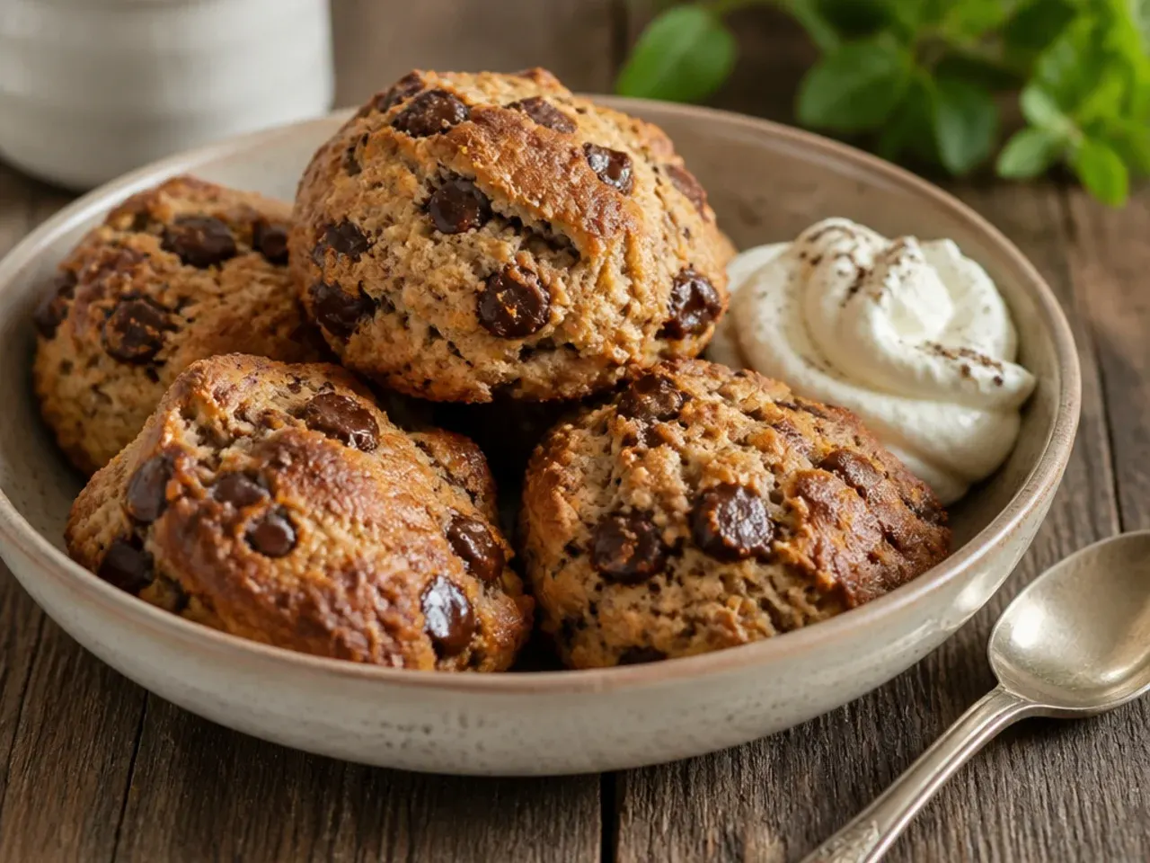 Rustic wholemeal chocolate chip scones with a darker, speckled crumb visible