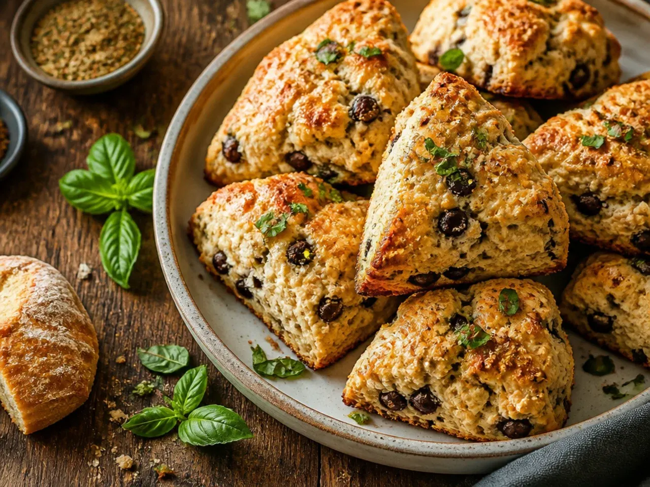 Tall, golden bakery-style chocolate chip scones with a sugared crust