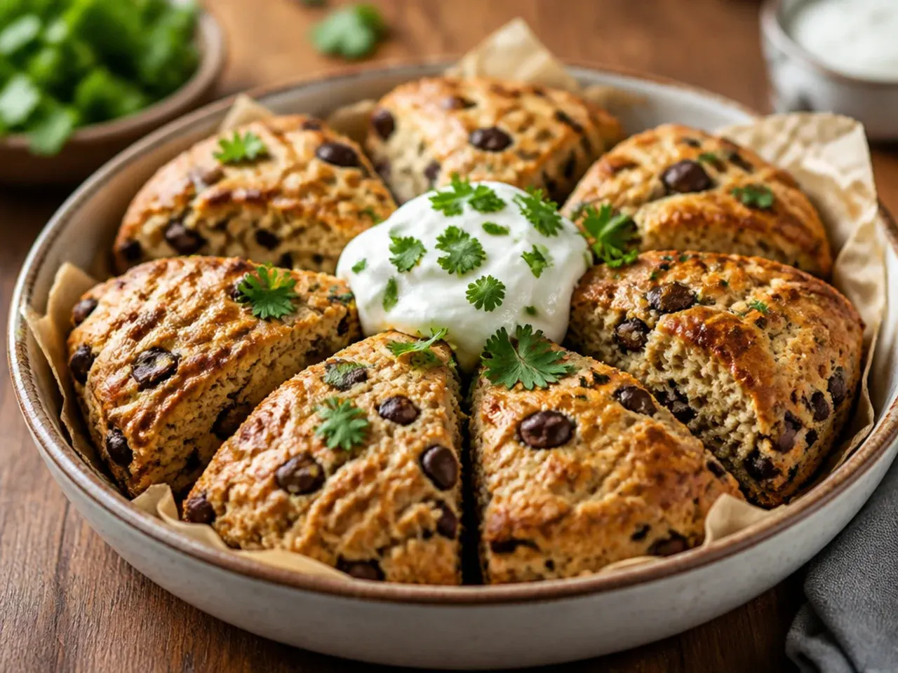 Chocolate chip scones being cut and placed directly onto a tray for immediate baking