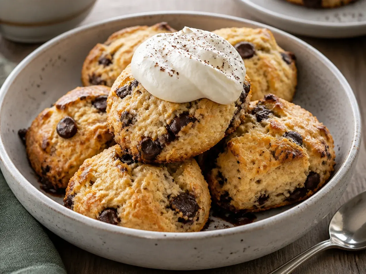 Gluten-free chocolate chip scones on a plate labelled with a small gluten-free marker