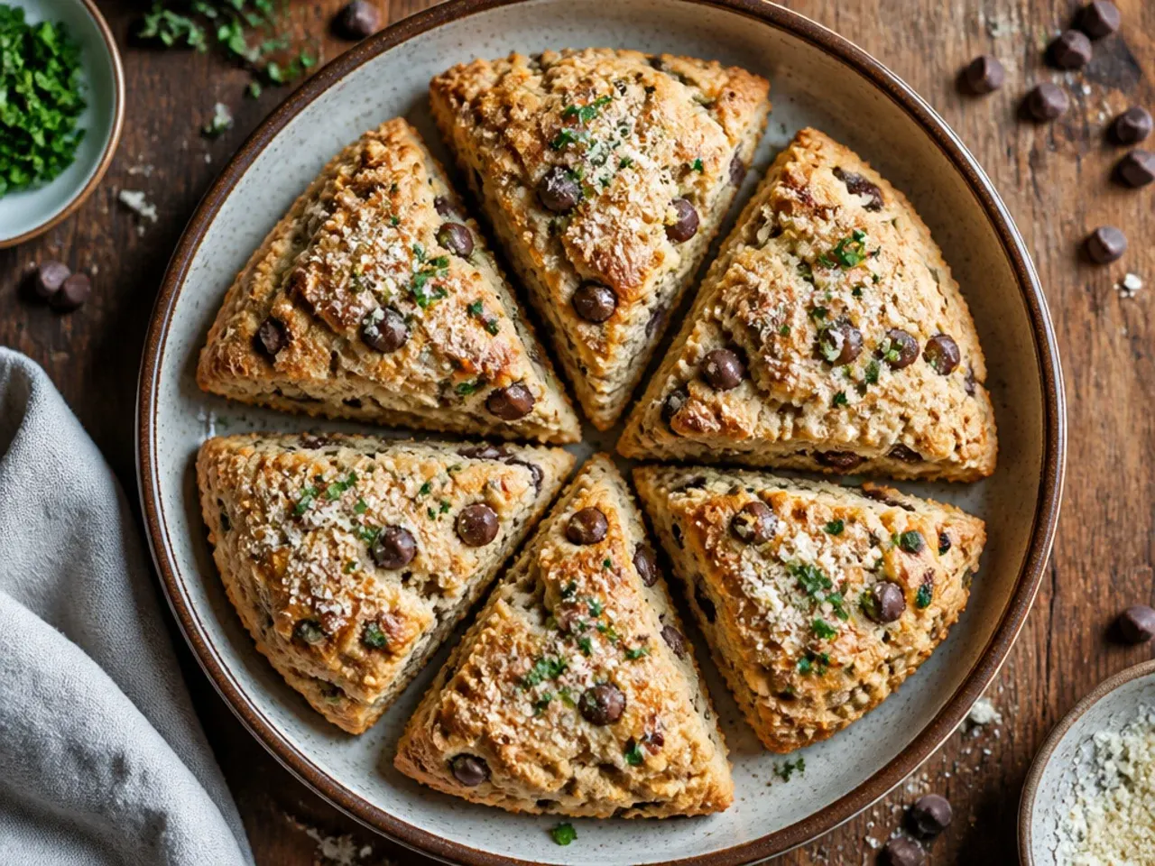 Vegan chocolate chip scones cooling next to a carton of plant milk