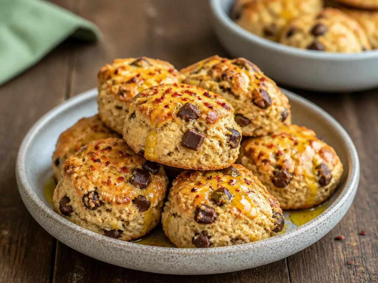 A platter of bite-sized mini chocolate chip scones arranged for a party