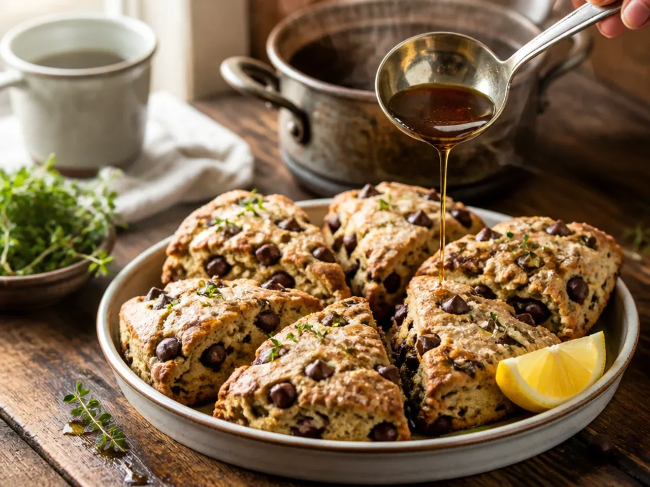 Espresso chocolate chip scones served alongside a small cup of coffee