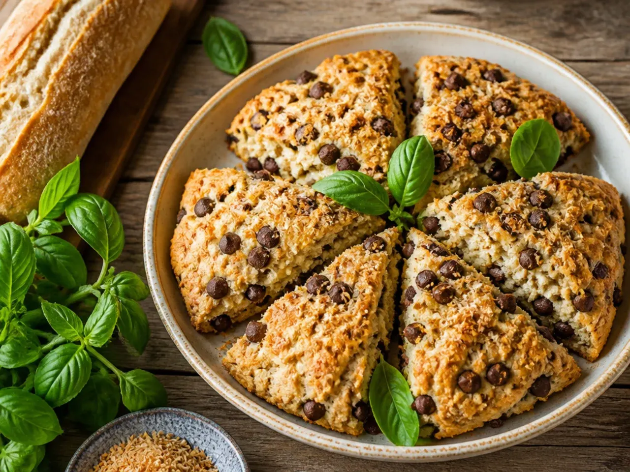 A tall, moist sour cream chocolate chip scone cut in half on a plate