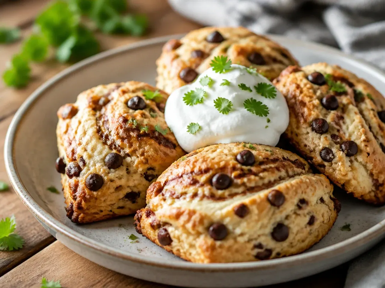 A cross-section of a scone showing a cream cheese swirl through the crumb