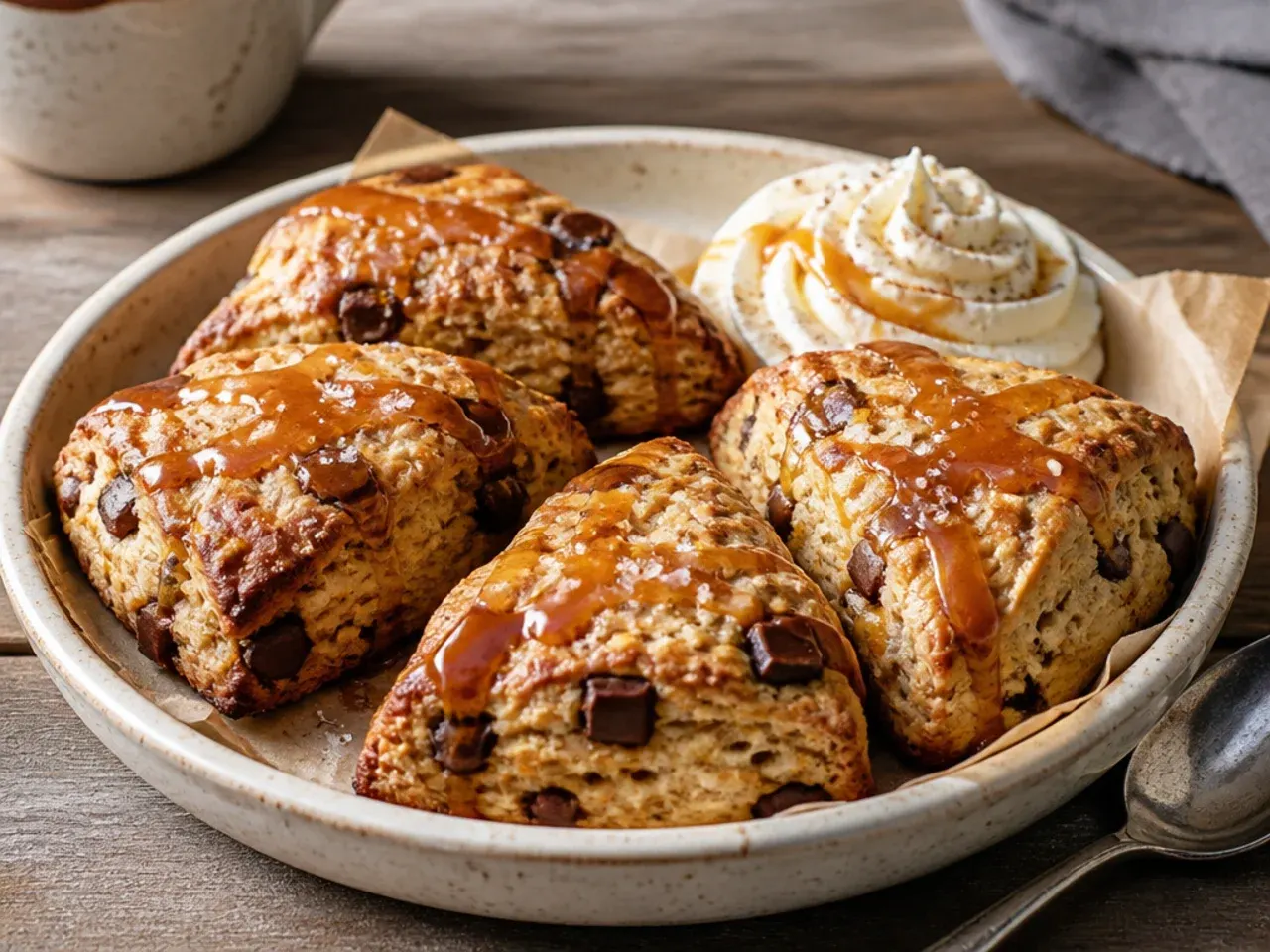 Salted caramel chocolate chip scones drizzled with caramel sauce