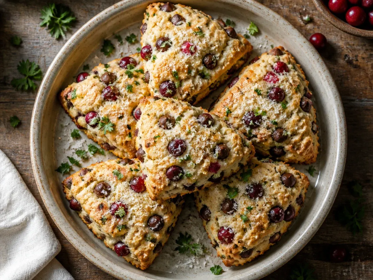 Chocolate chip scones studded with red dried cranberries