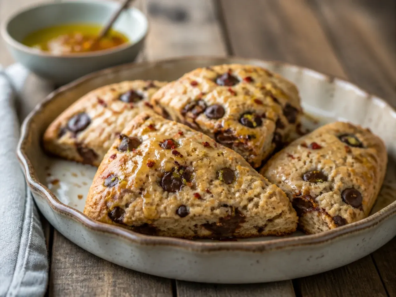 Banana chocolate chip scones with visible banana flecks in the crumb