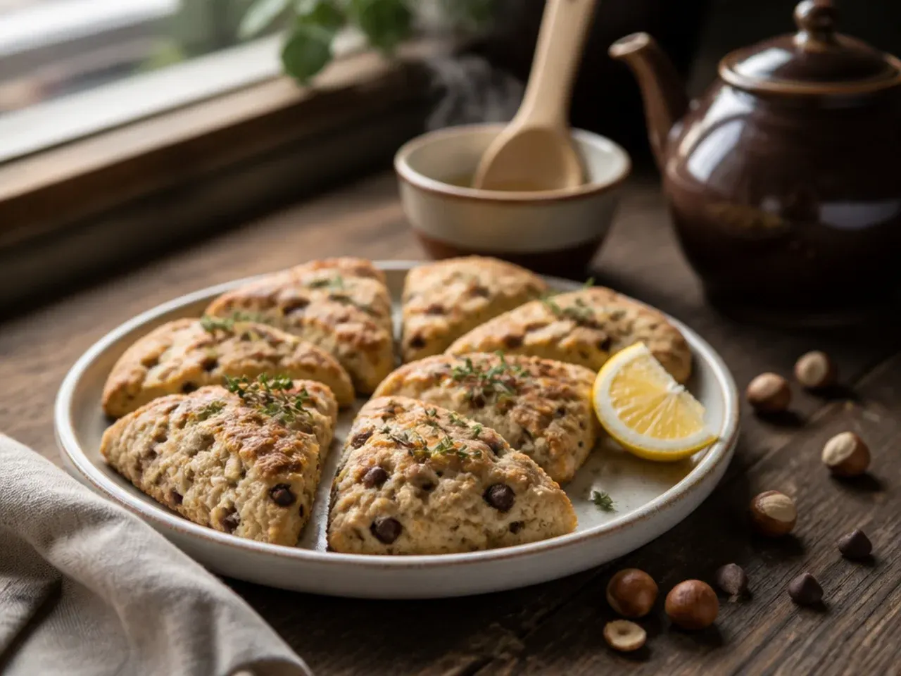 Hazelnut chocolate chip scones with a swirl of chocolate hazelnut spread on top