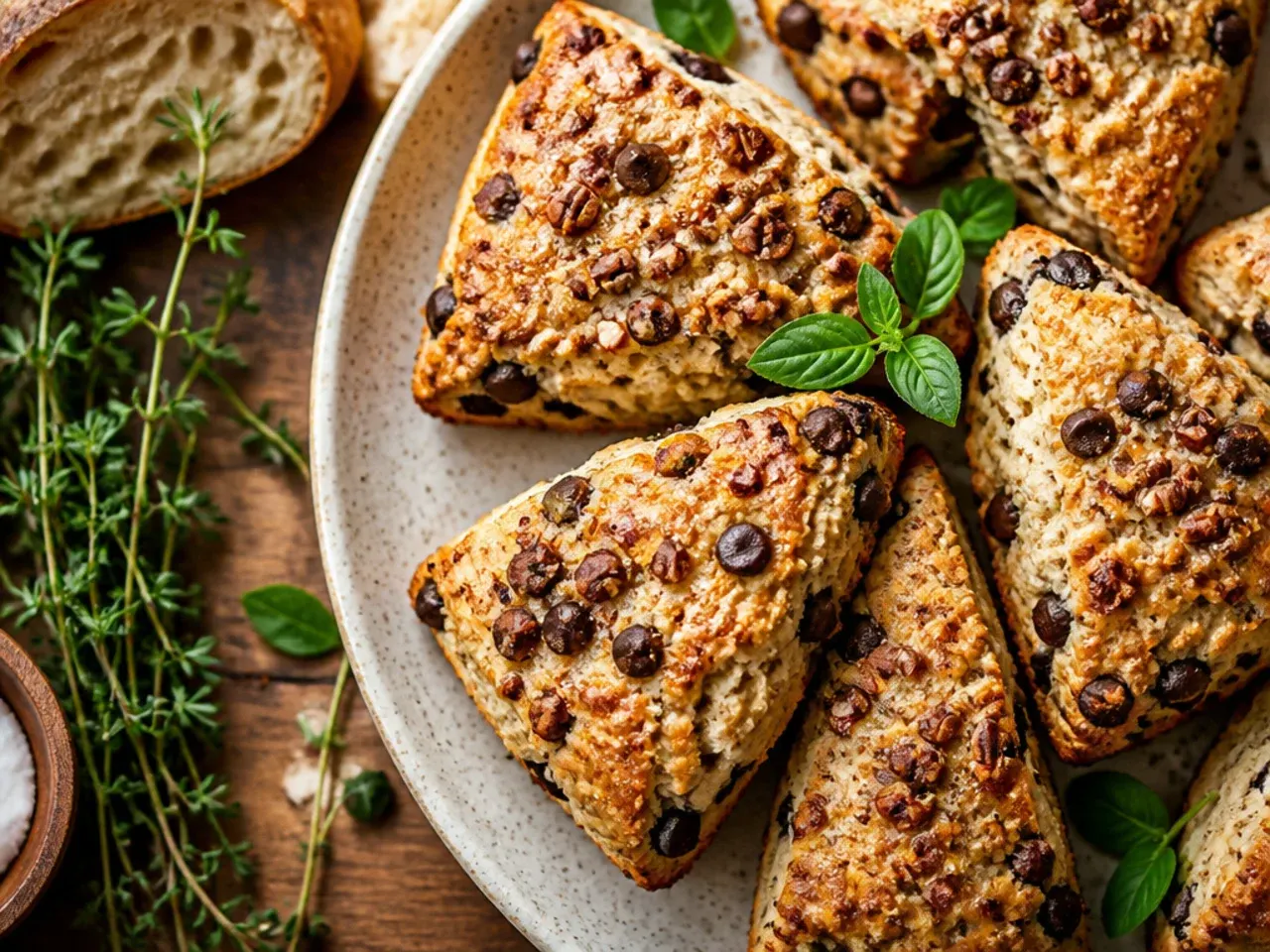 Maple pecan chocolate chip scones glazed and topped with chopped pecans