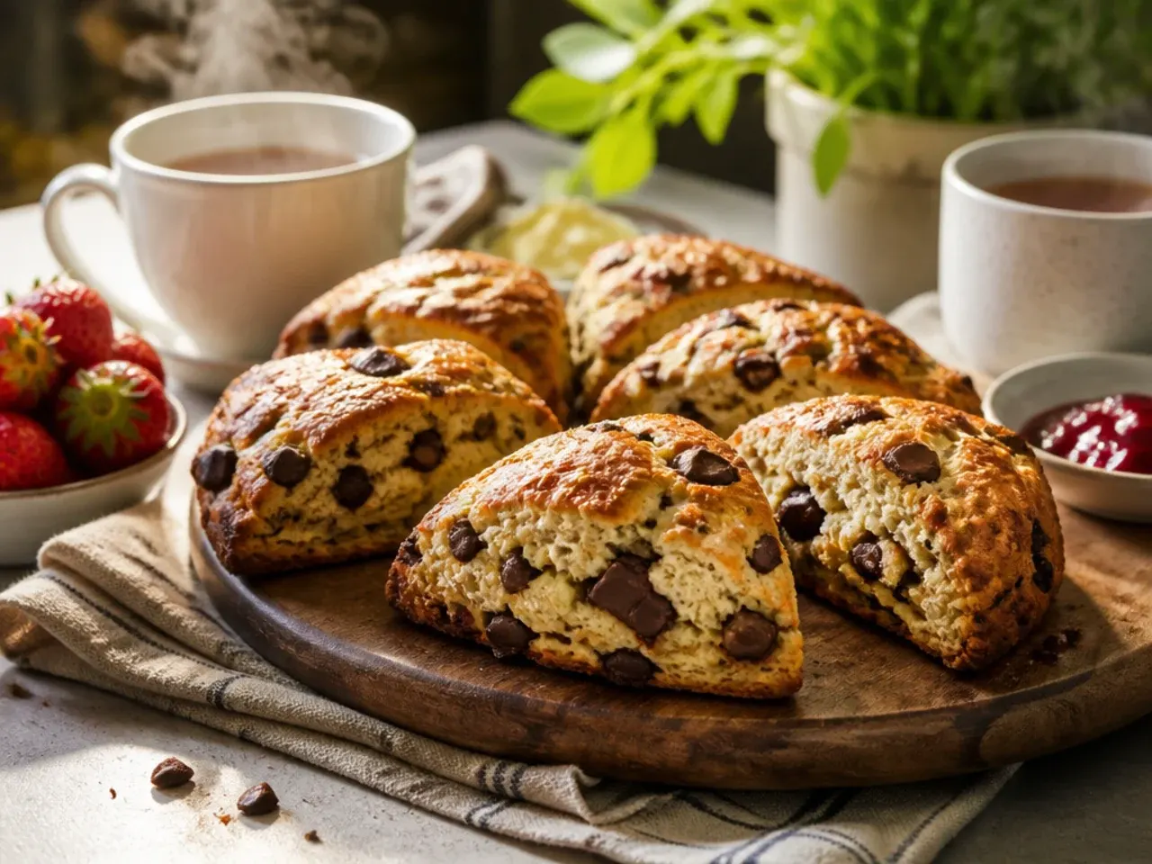 A chocolate chip scone split and buttered, served with tea and clotted cream