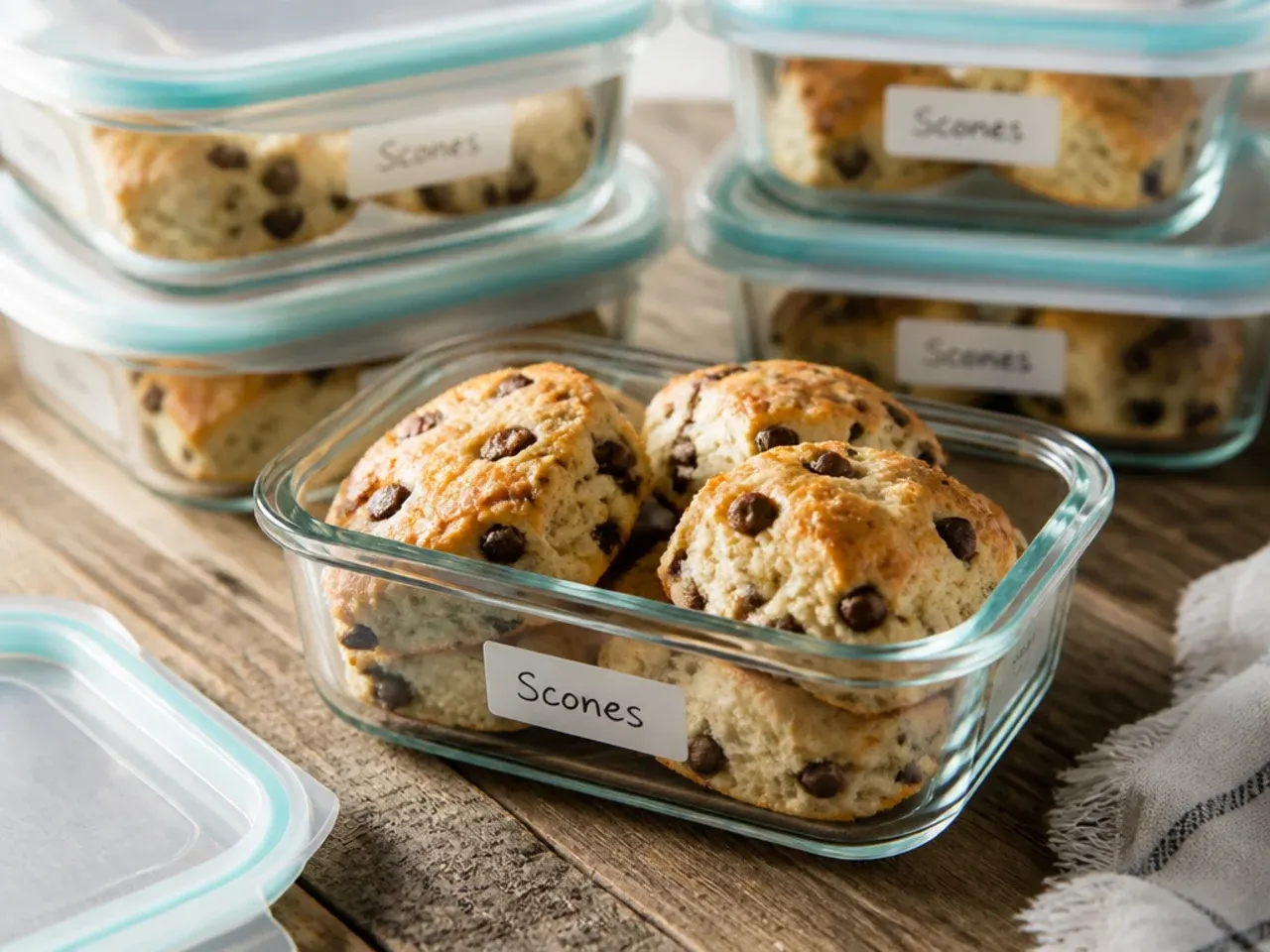 Chocolate chip scones being wrapped in foil for freezer storage
