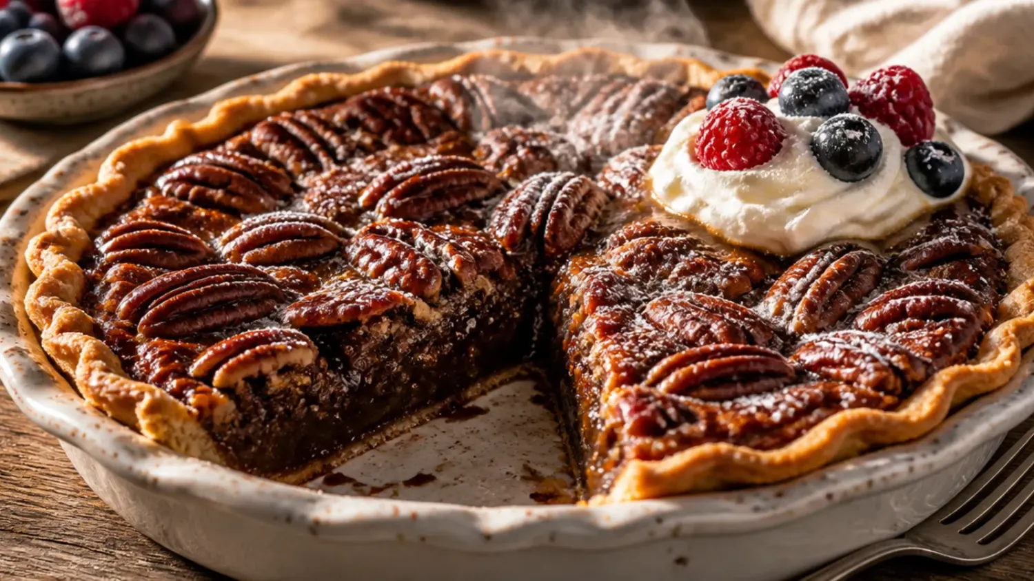 Slice of chocolate pecan pie on a plate, showing gooey chocolate and toasted pecan filling set in a flaky golden crust