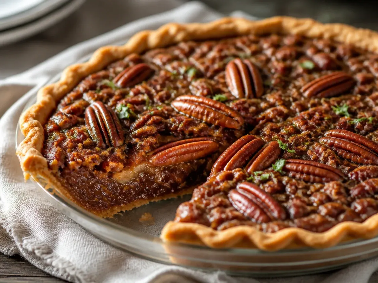 Table spread of chocolate pecan pie slices with coffee, showing why this dessert is a family favourite