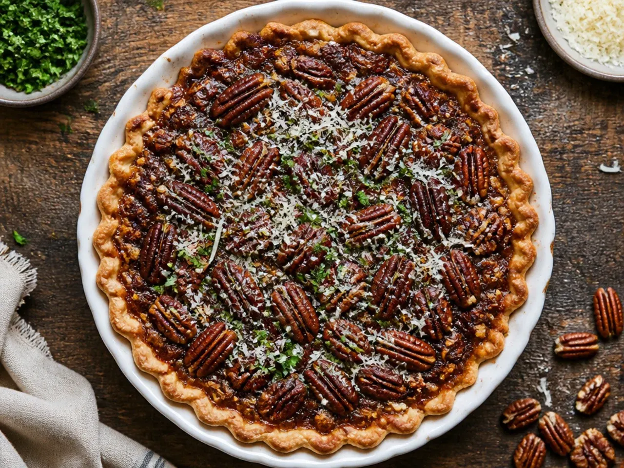 Whole classic chocolate pecan pie with a golden lattice-free crust and glossy pecan topping