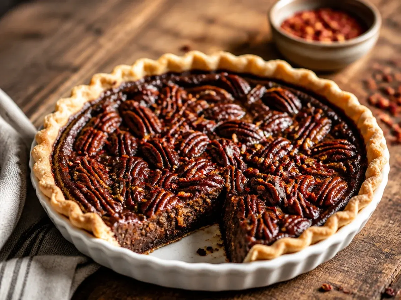 Chocolate pecan pie made with a store-bought crust cooling on a kitchen counter