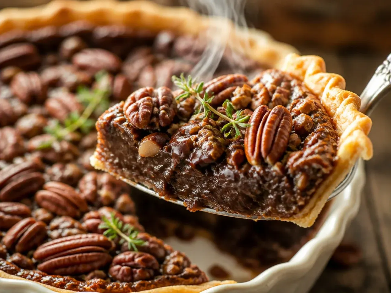 Slice of bourbon chocolate pecan pie with dark chocolate chips visible in the filling