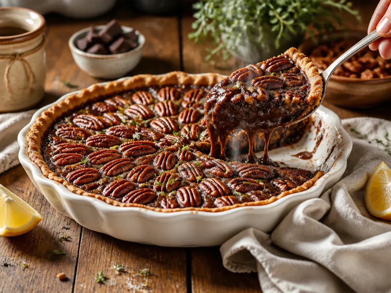 Spiced chocolate pecan pie dusted with cinnamon next to a mug of hot chocolate