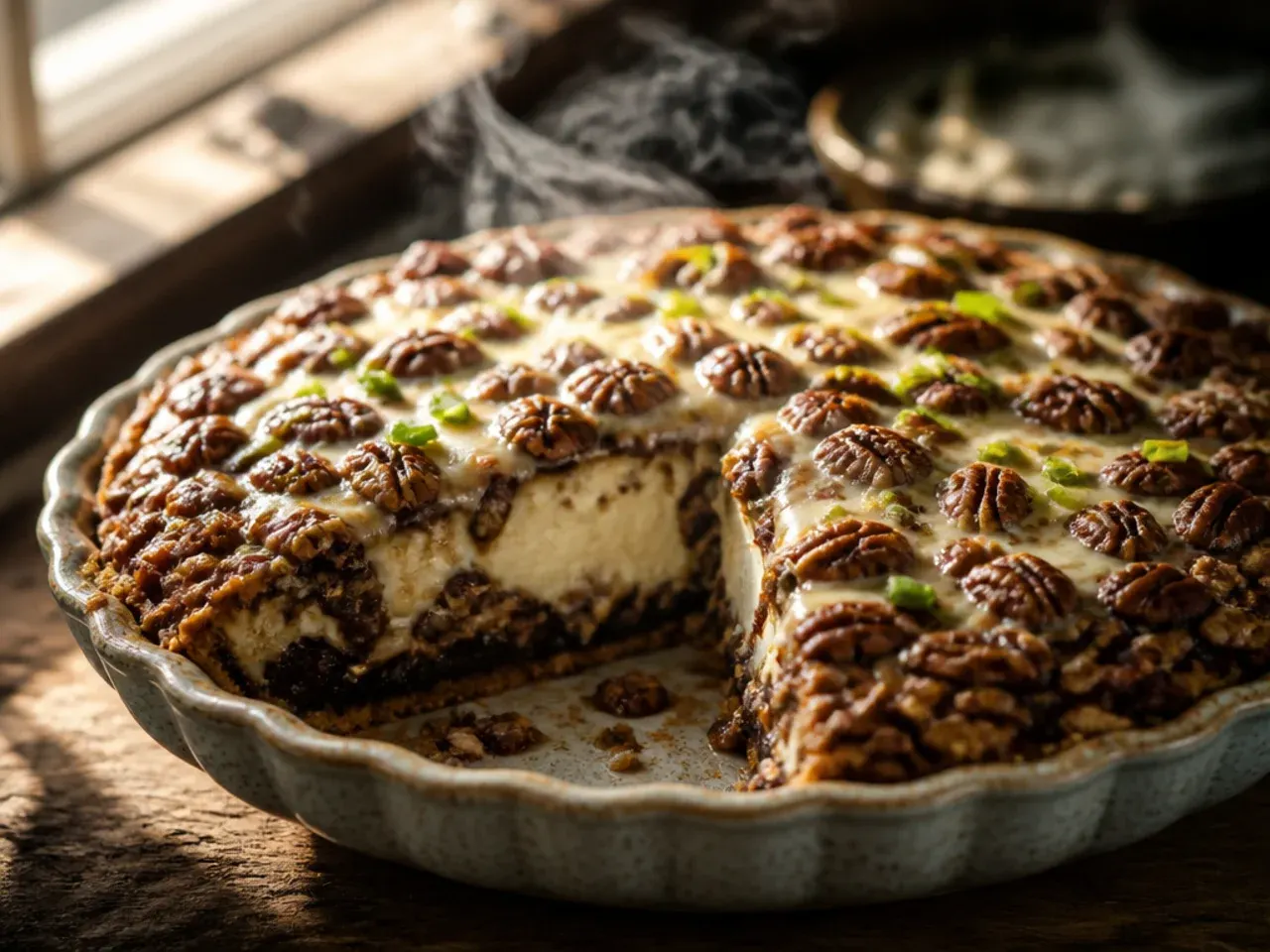 Cross-section slice of chocolate pecan cheesecake pie showing a cream cheese layer under the pecan filling