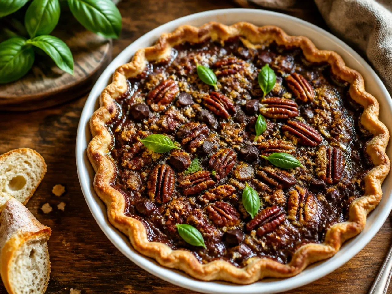 Five simple ingredients laid out for a stripped-back chocolate pecan pie recipe