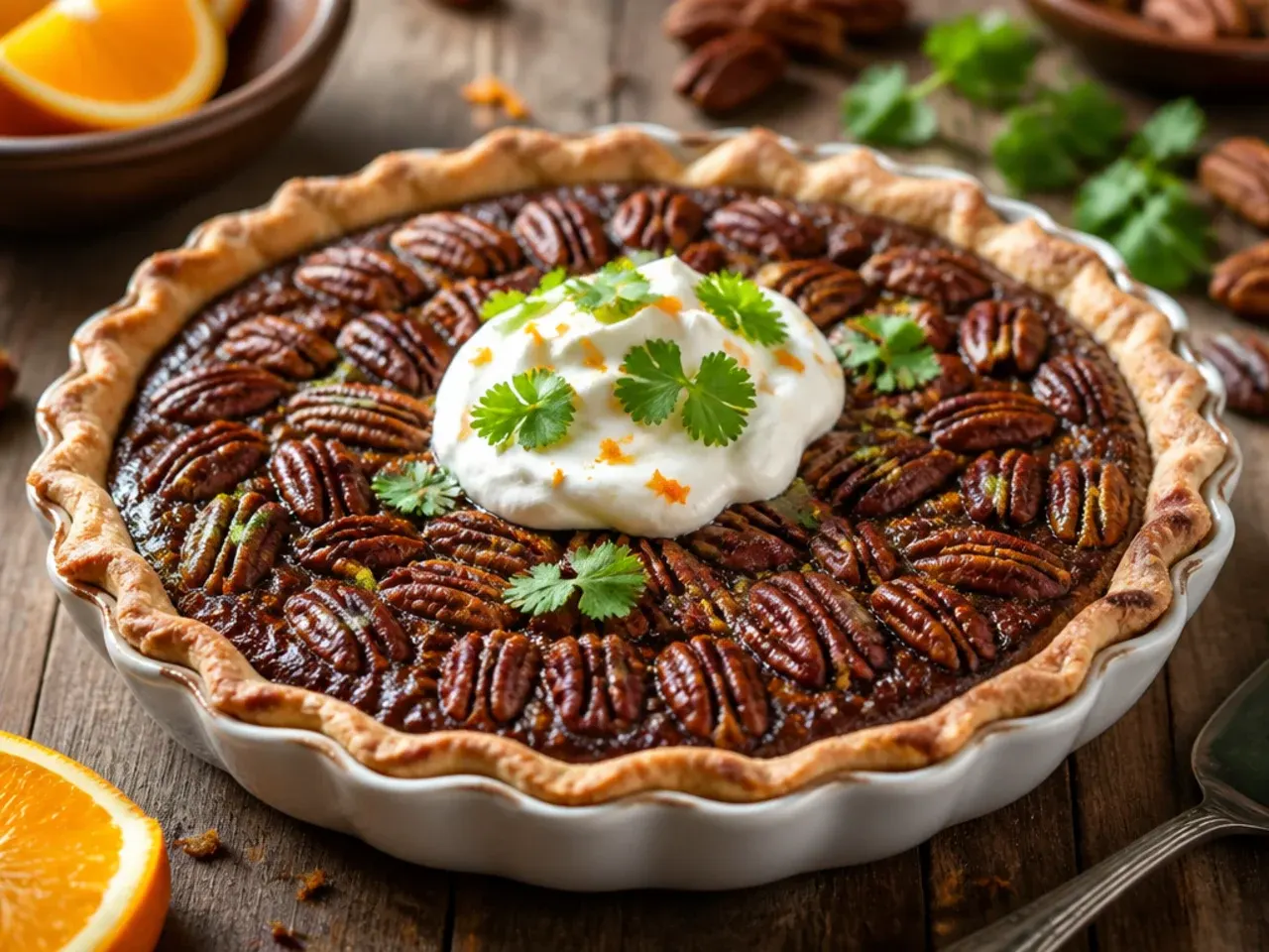 Chocolate pecan pie topped with curls of fresh orange zest