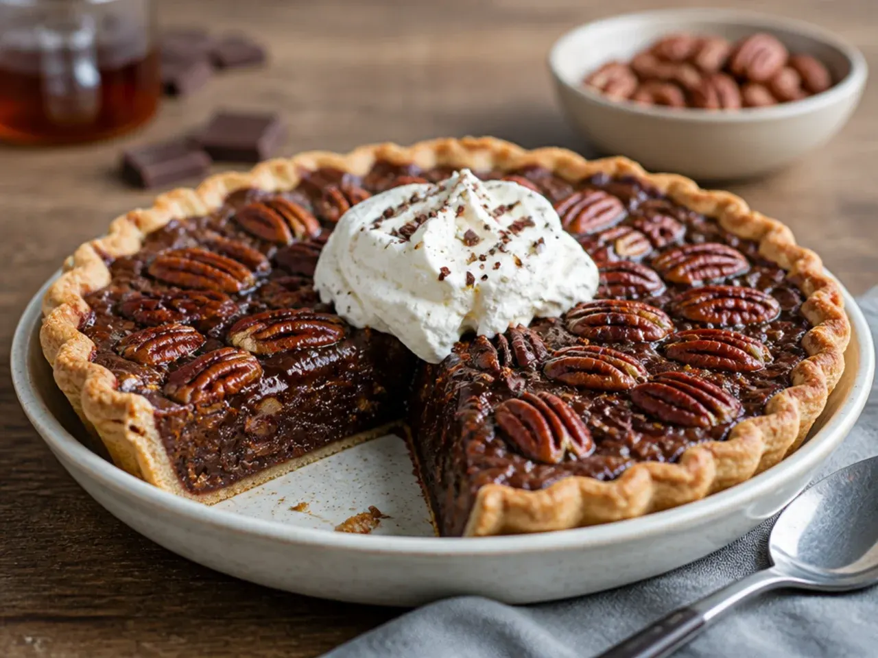Maple chocolate pecan pie with a wholemeal crust drizzled with extra maple syrup