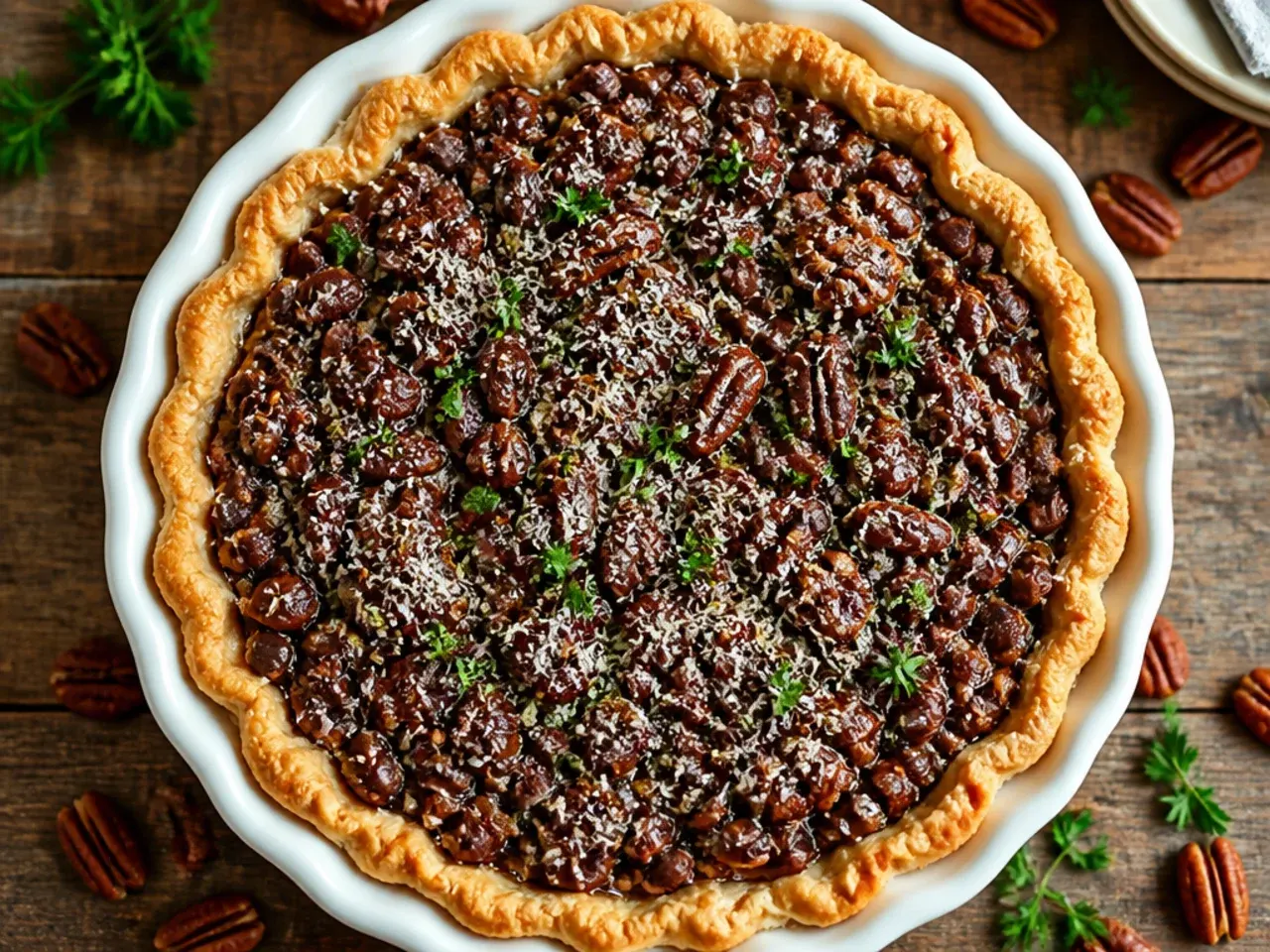 Budget-friendly chocolate pecan pie made with cocoa powder and broken pecan pieces