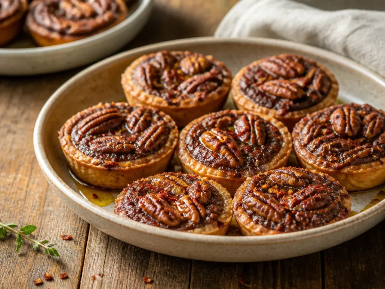 Mini chocolate pecan pies baked in a muffin tin, cooling on a wire rack
