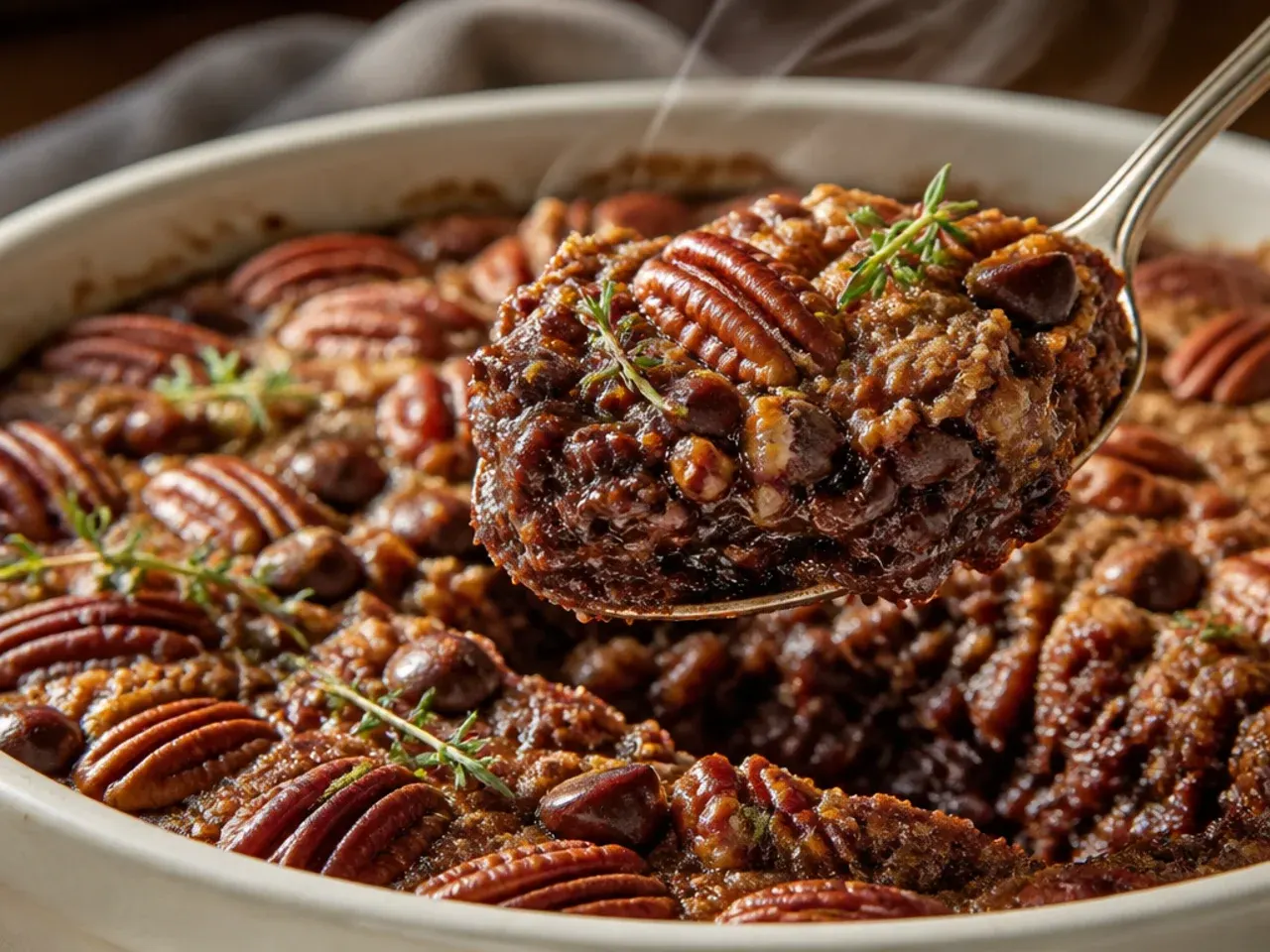 Rustic free-form chocolate pecan pie slab cut into squares on a wooden board