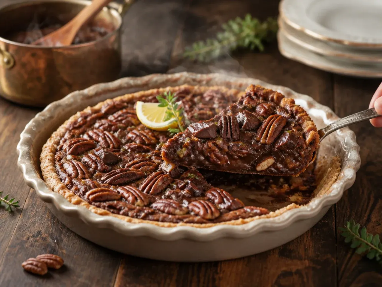 Triple chocolate pecan pie slice showing swirls of dark, milk and white chocolate