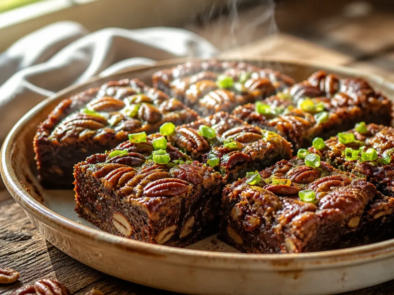 Chocolate pecan pie bars cut into squares and stacked on a serving plate