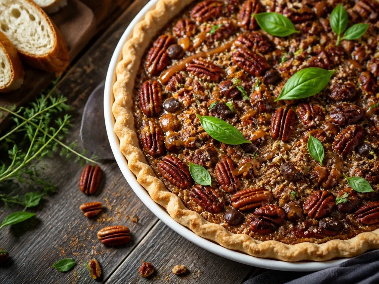 Salted caramel chocolate pecan pie with flaky sea salt scattered over the top