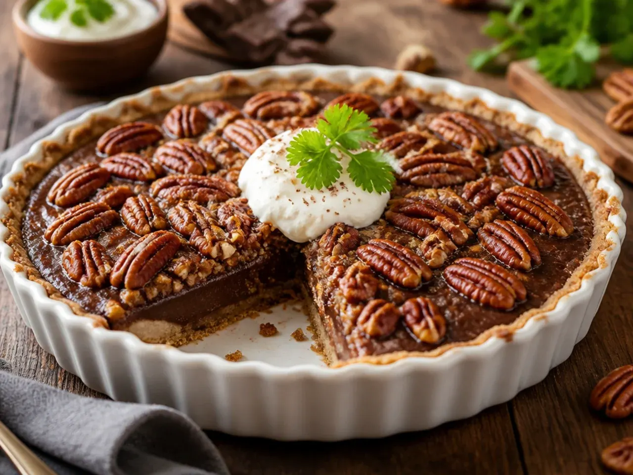 No-bake chocolate pecan pie in a biscuit crust, chilling in the fridge