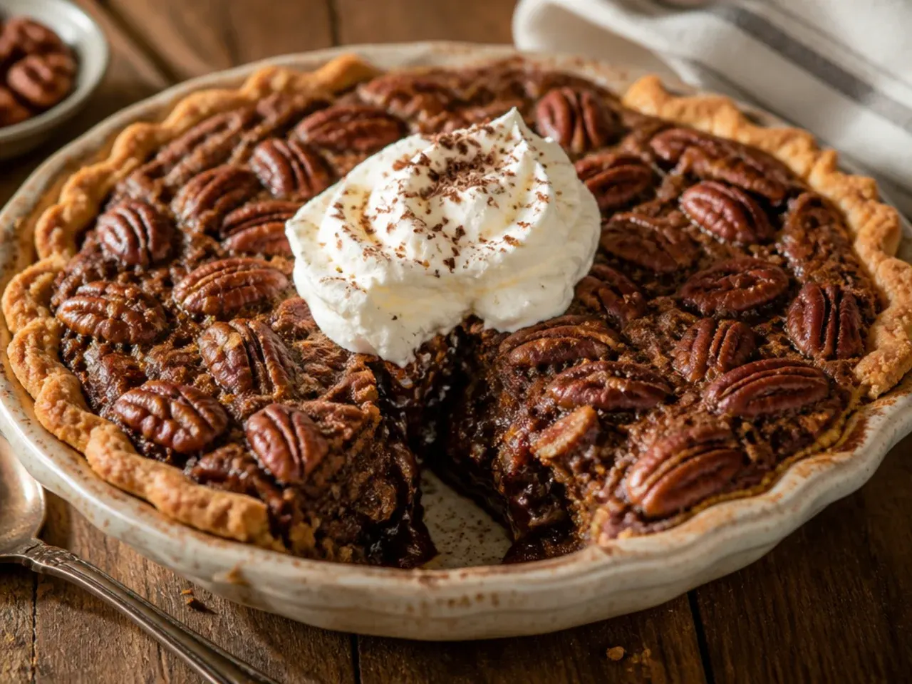 Deep-dish Southern-style chocolate pecan pie with pecan halves arranged in circles on top