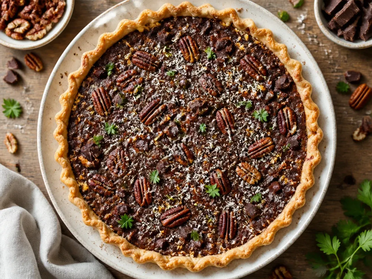 One bowl of chocolate pecan pie filling being whisked together before baking