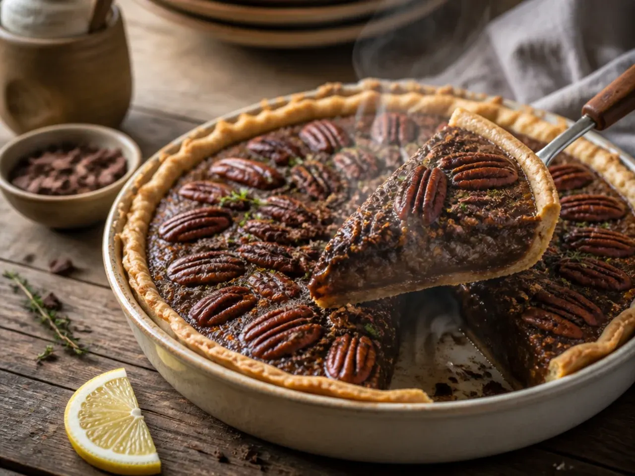 Creamy custard-style chocolate pecan pie slice with a soft, custard-like centre