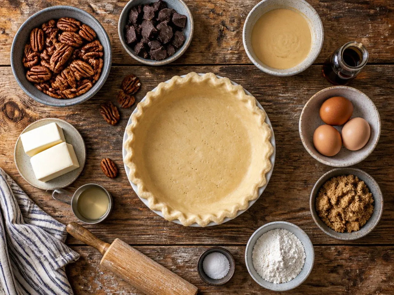 Close-up of toasted pecans and a pie shield being used while baking chocolate pecan pie