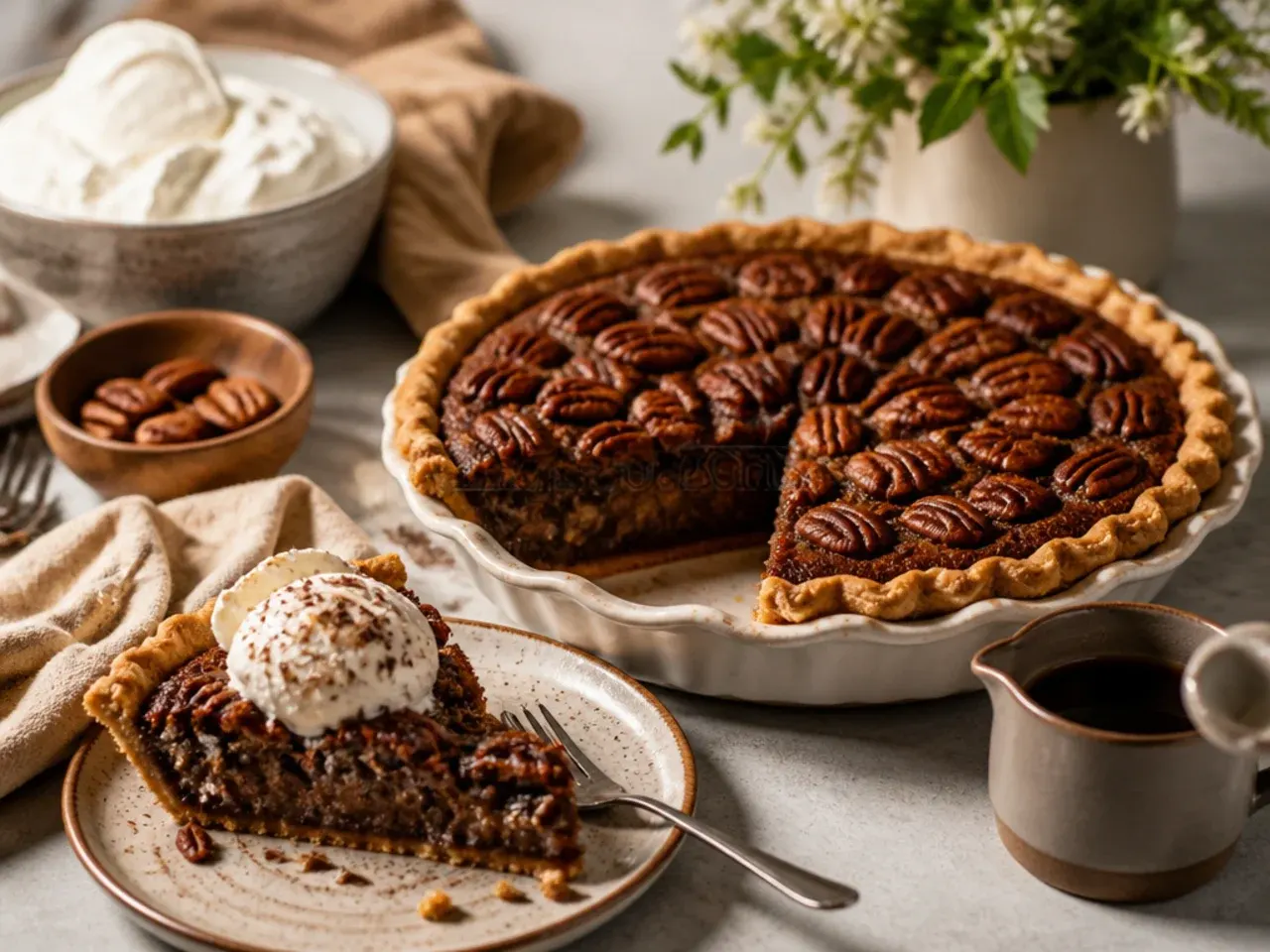 Slice of chocolate pecan pie served warm with a scoop of vanilla ice cream