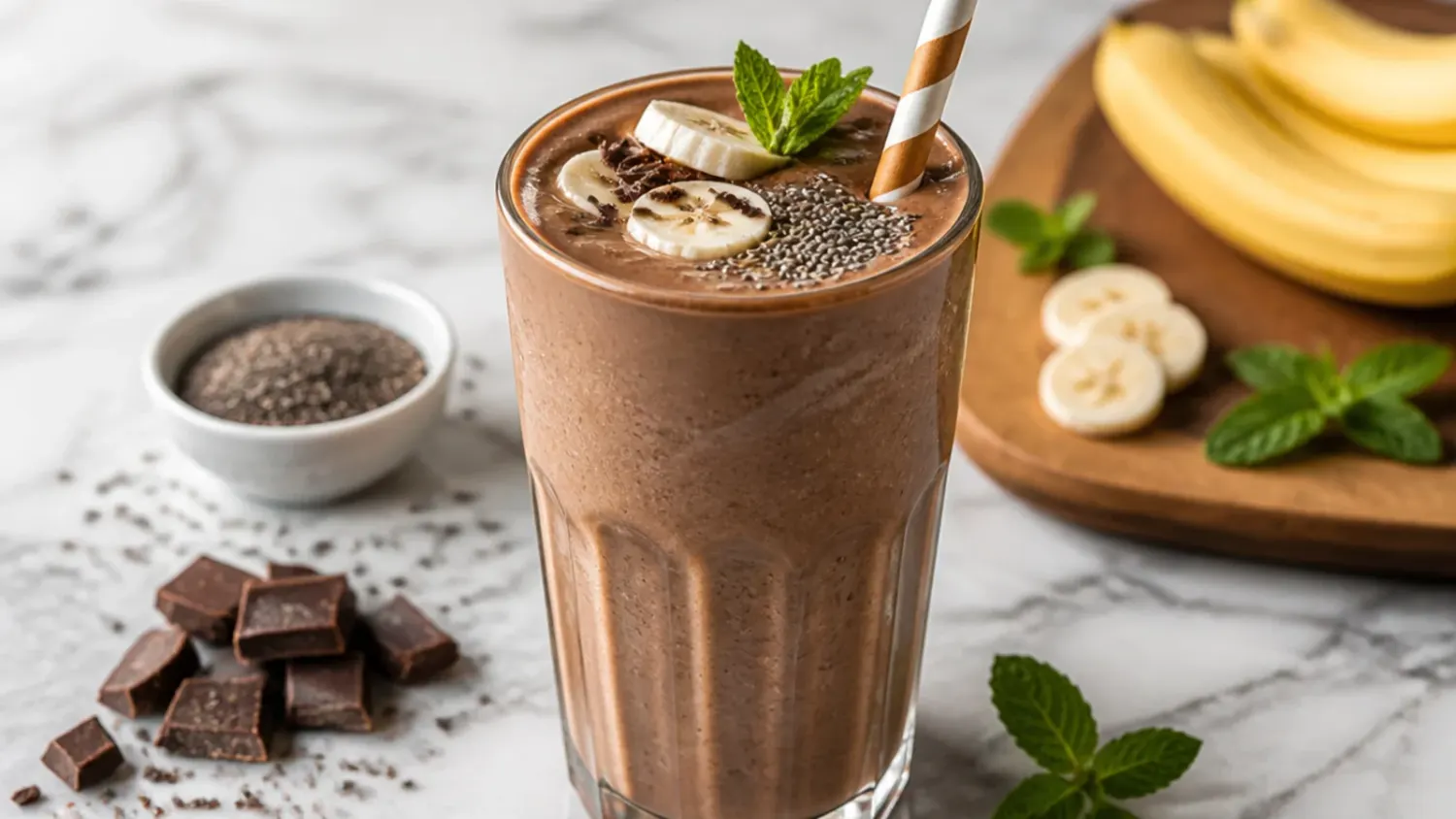 Thick chocolate smoothie in a glass topped with banana slices and cacao nibs, surrounded by cocoa powder and fresh fruit
