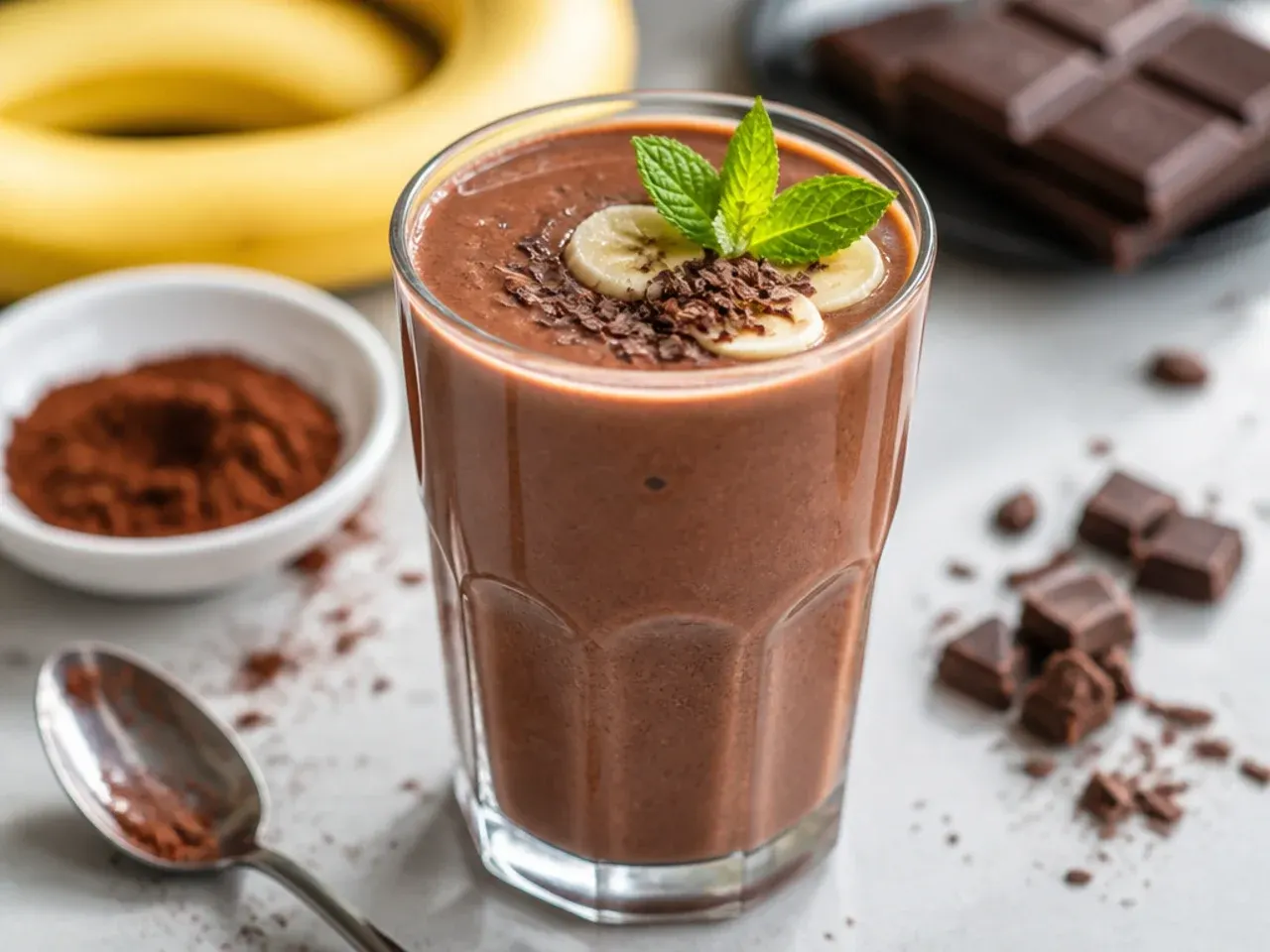 Overhead shot of a thick chocolate smoothie in a glass surrounded by cocoa powder, bananas and berries