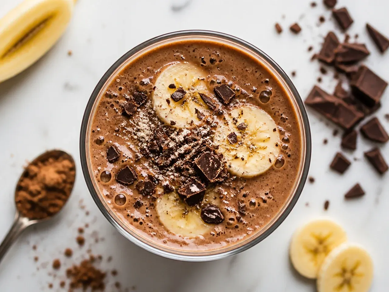 Glass of classic chocolate banana smoothie topped with banana slices